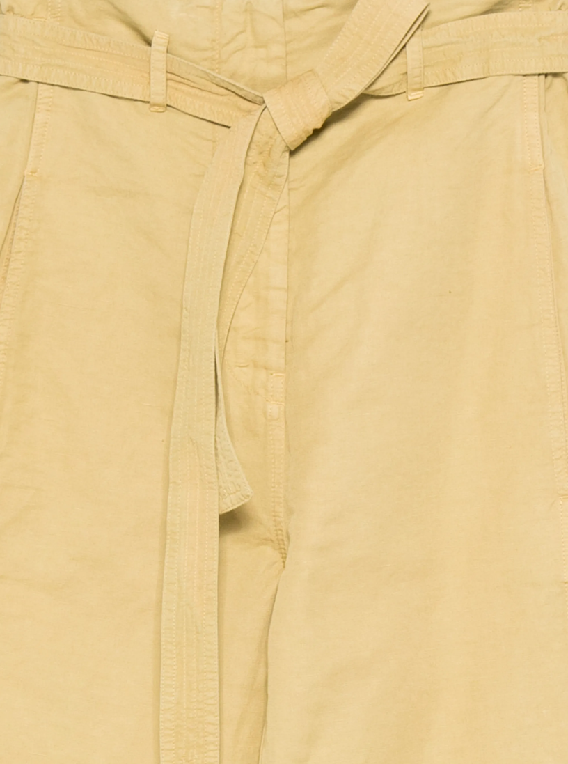 Mustard yellow wide-leg trousers by Tela, made in Italy with high waist, belt detail, and tailored finish for a modern statement look.