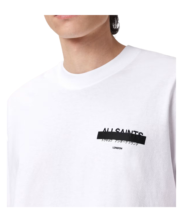 AllSaints REDACT Embroidered Logo T-shirt in ashen white for men with oversized fit, crew neck, short sleeves, and embroidered front and back logo.