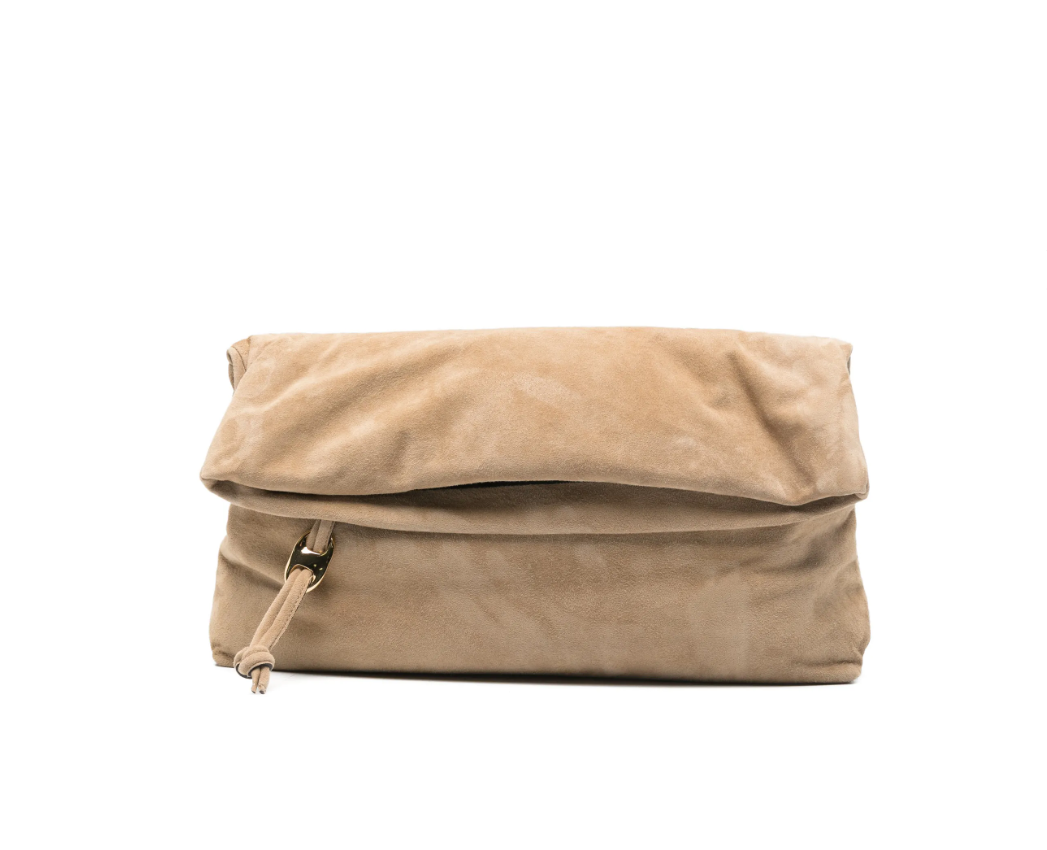 Tela beige leather clutch with flap, gold-tone hardware, shoulder strap, and zip closure.