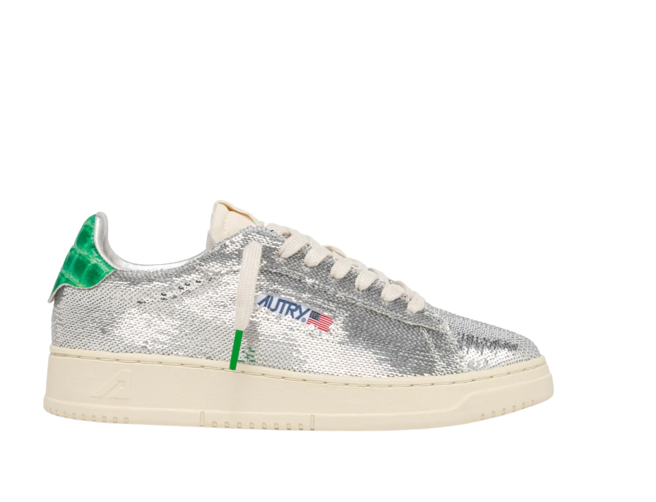 Autry Women’s Dallas Low Sparkling Sneakers in Silver and Green, Sequined Low-Top Shoes, Style ADLWTI01