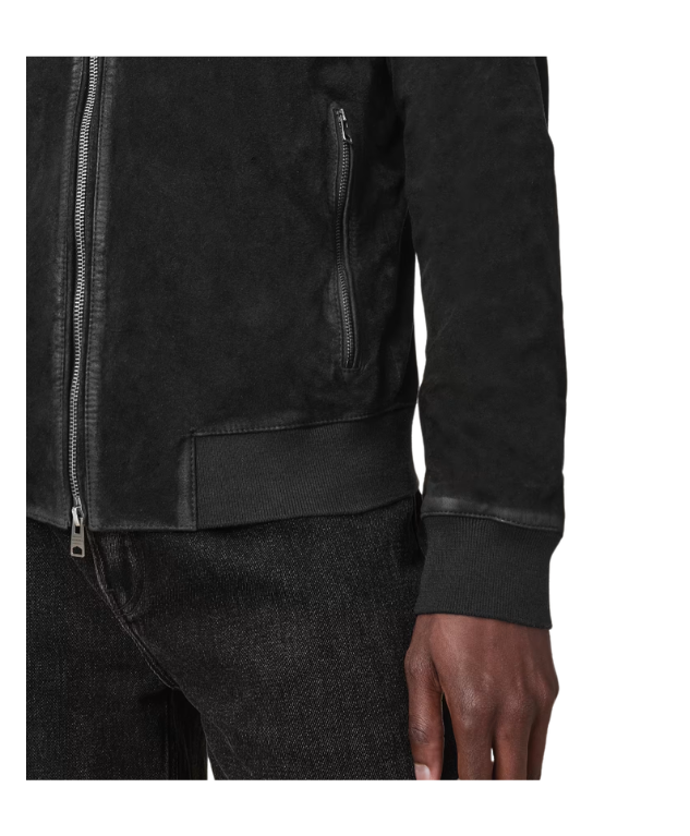 AllSaints KEMBLE Suede Bomber Jacket in black with zip closure, ribbed trims, chest pocket, and recycled lining.