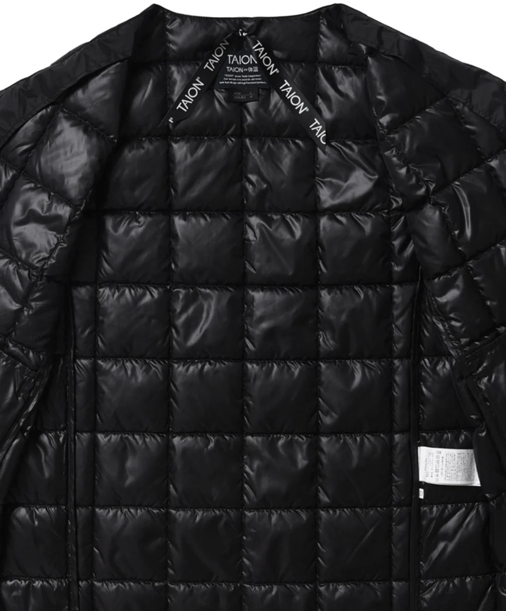 TAION Basic Crew Neck Down Jacket in navy with lightweight, minimalist design.