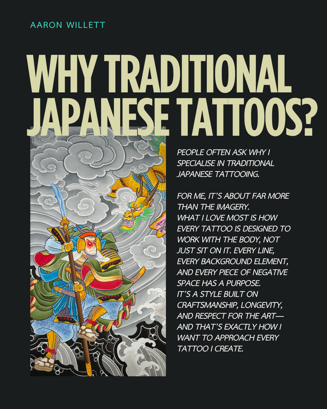 People often ask why I specialise in traditional Japanese tattooing.

For me, it’s about far more than the imagery.
What I love most is how every tattoo is designed to work with the body, not just sit on it. Every line, every background element, and 