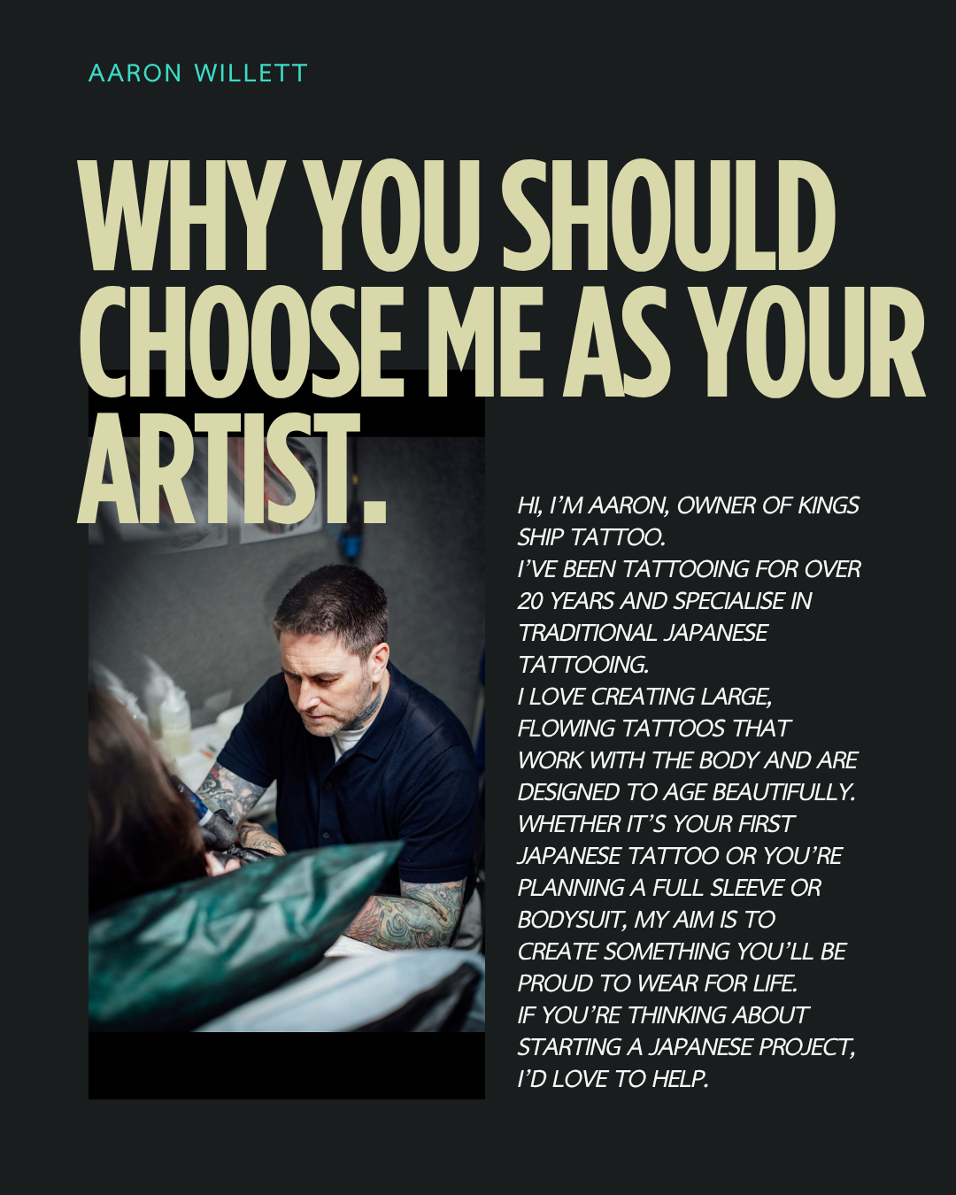 Hi, I’m Aaron, owner of Kings Ship Tattoo.
I’ve been tattooing for over 20 years and specialise in traditional Japanese tattooing.
I love creating large, flowing tattoos that work with the body and are designed to age beautifully.
Whether it’s your f