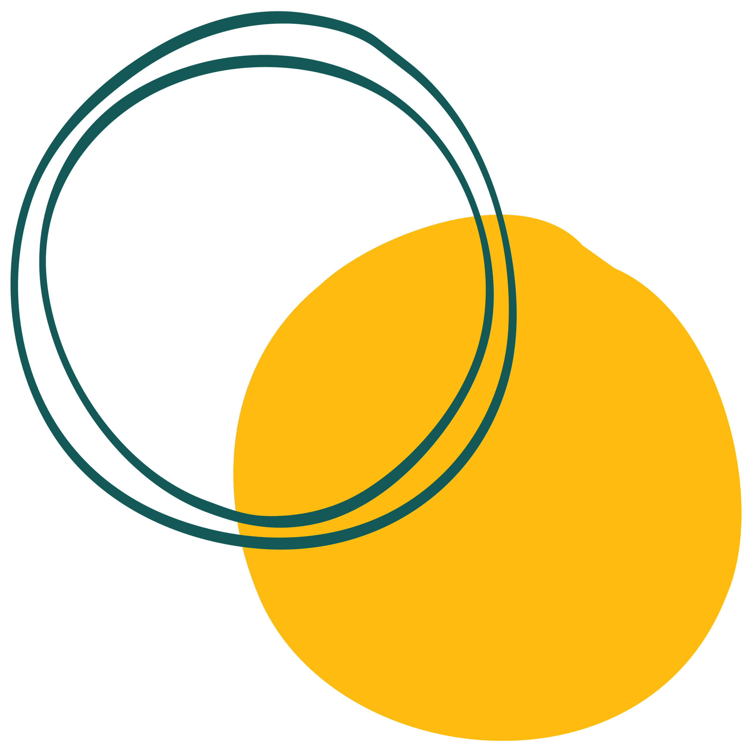 Colorful abstract geometric design with dark teal outlined irregular circles overlapping a large yellow circle on a black background.