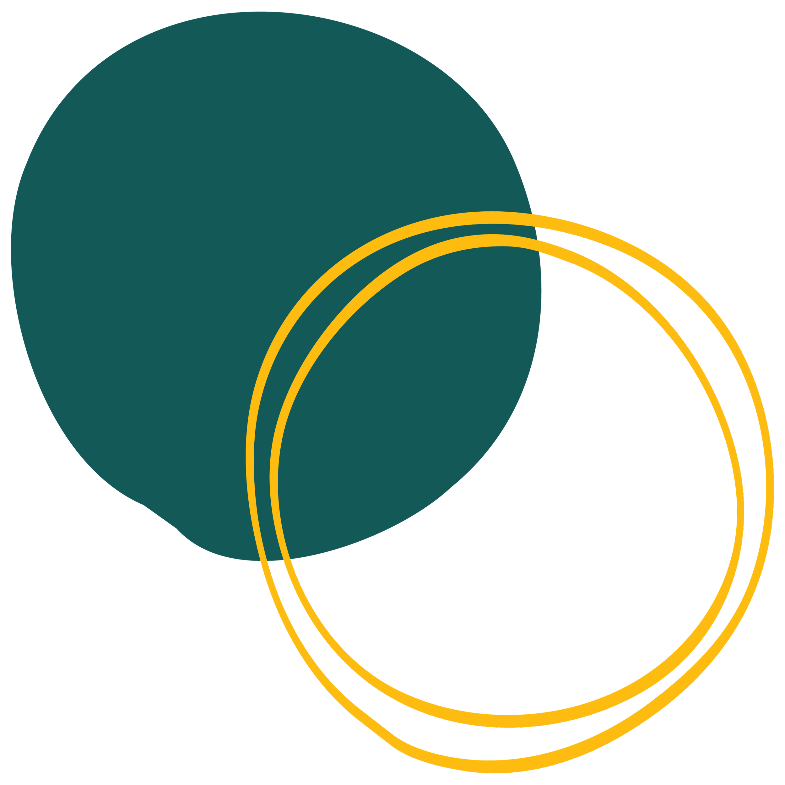 Two dark green circles, one smaller overlapping a larger one, with two yellow concentric rings overlapping the circles.