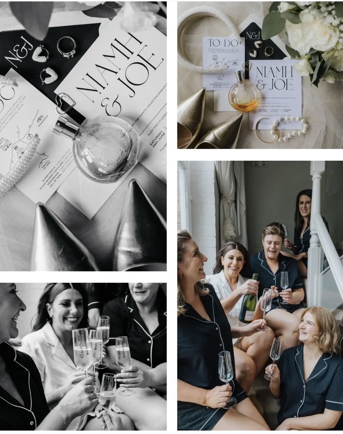 Collage of wedding preparations and celebration: Top left shows wedding invitations, rings, and perfume on a table. Top right displays a table setting with perfume, jewelry, and wedding programs reading "N&J," indicating names NIAMH & JOE. Bottom rig
