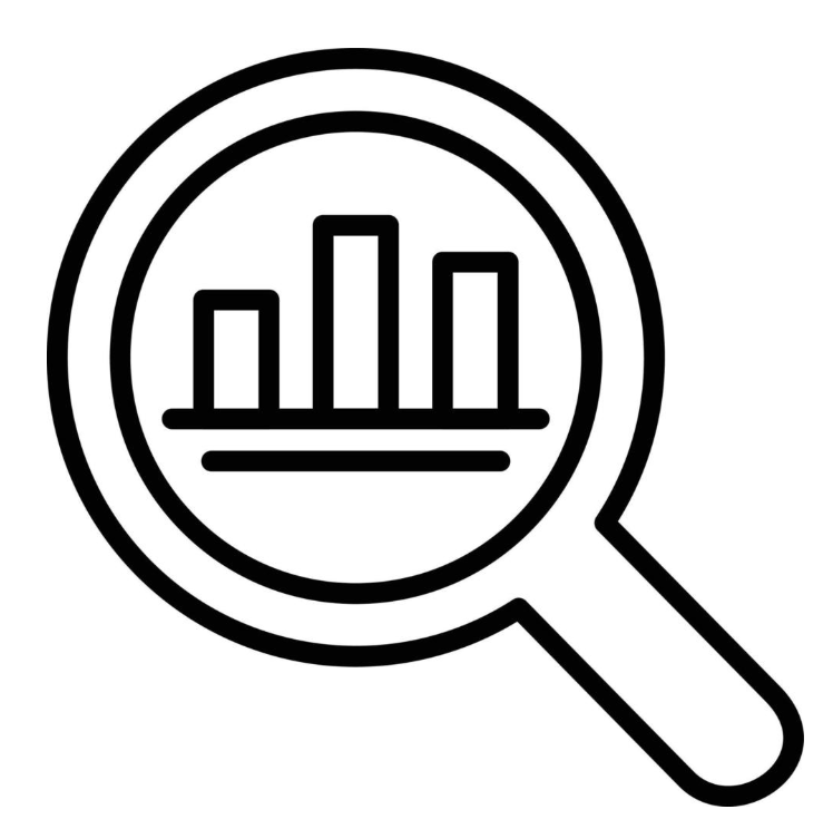 Magnifying glass focusing on a bar chart with four bars of varying heights, representing research institutions.