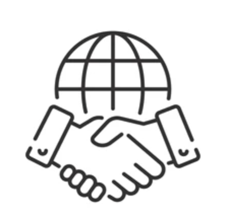 Outline of two hands shaking in front of a globe icon, representing international development agencies.