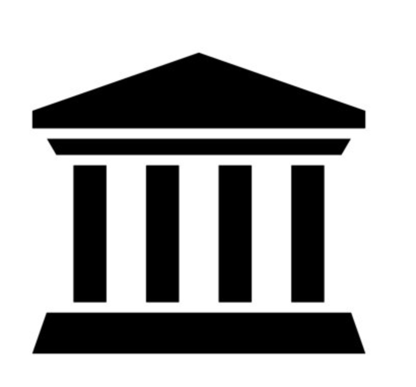 A black silhouette of a classical Greek or Roman temple with columns and a triangular pediment, representing national and local governments.