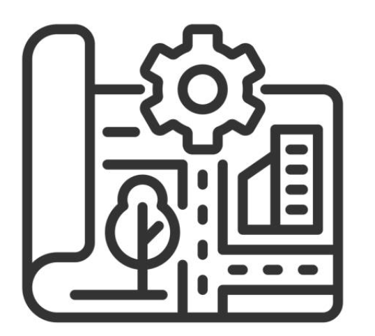 Icon of a blueprint with a gear, a tree, and a bar chart, representing urban planners and policy makers.