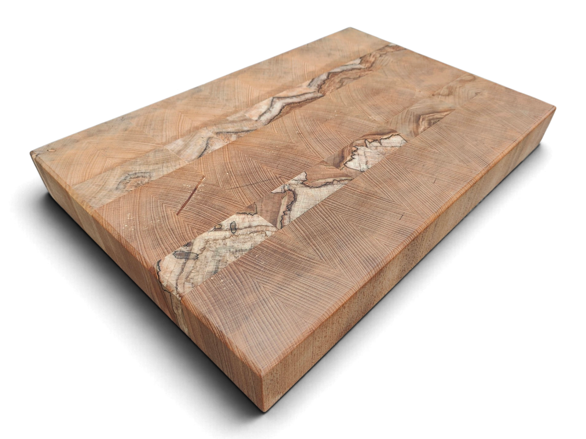 Flame and spalted beech end grain board, 500 × 335mm, angled view