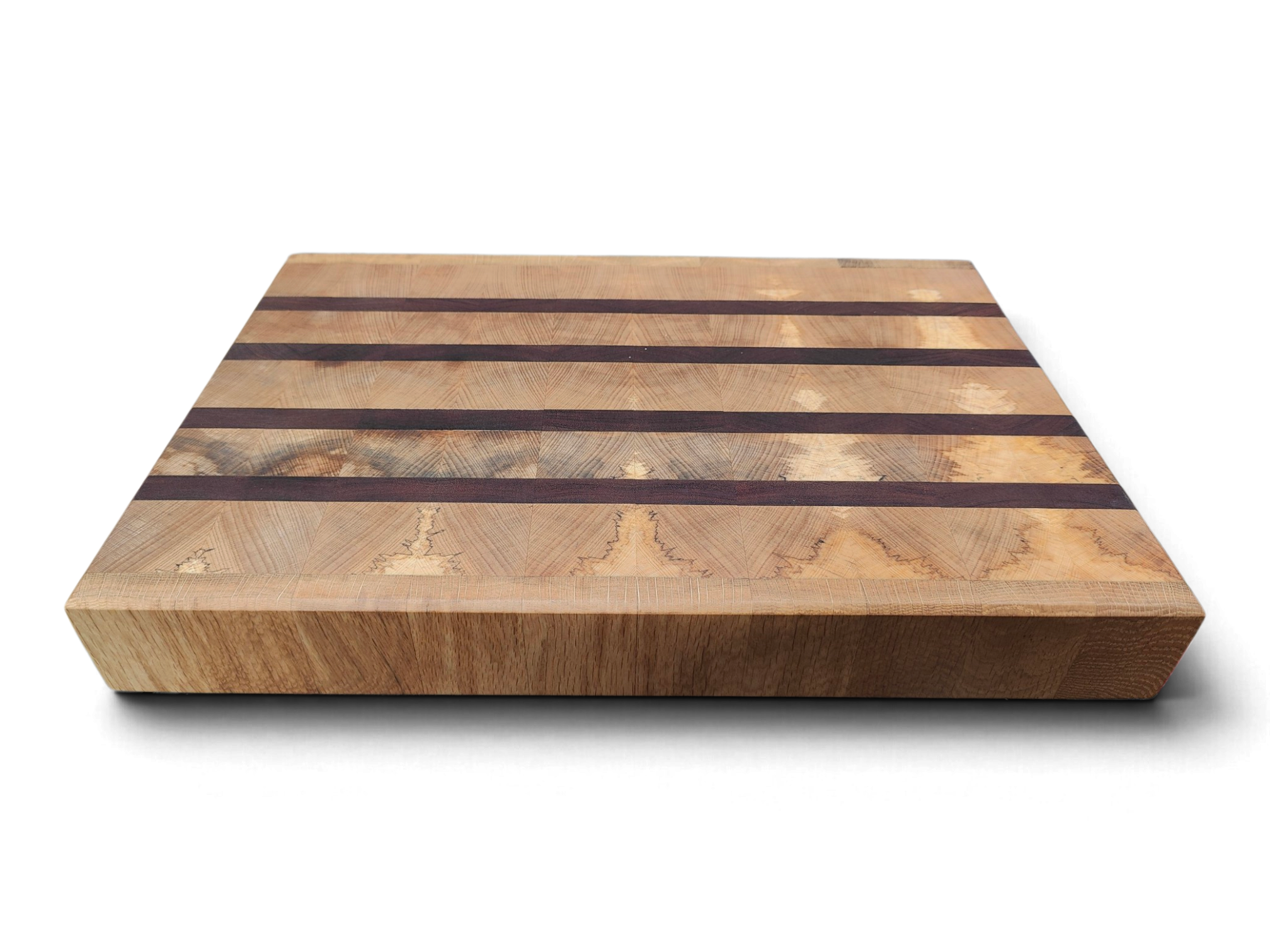 Reclaimed mahogany strips running through flame beech end grain
