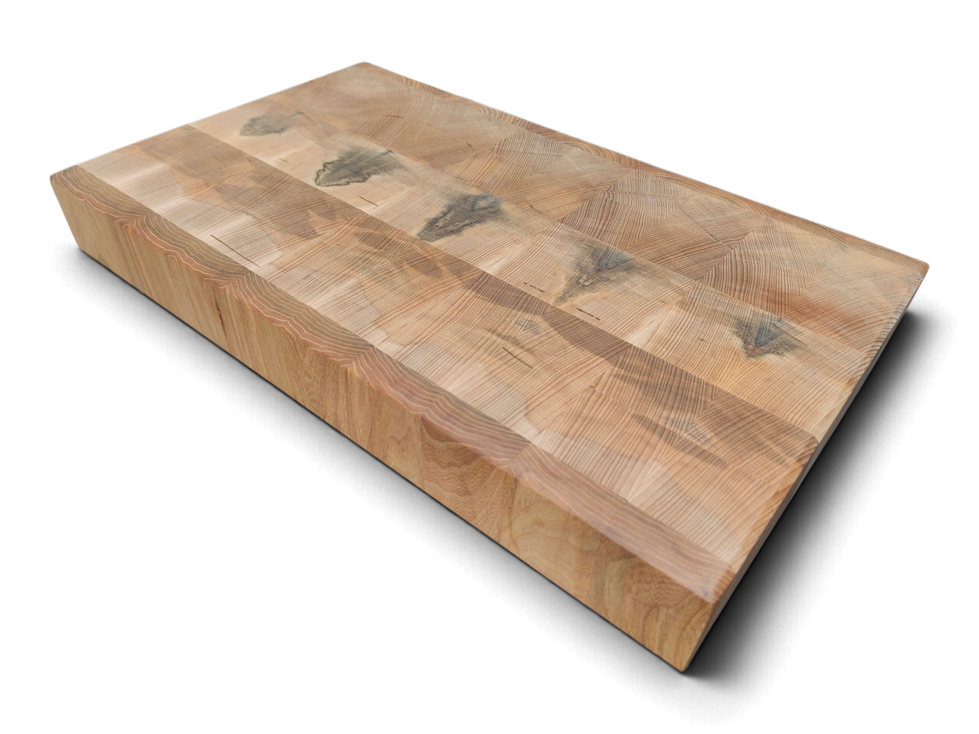 Flame beech and wych elm end grain board, angled view