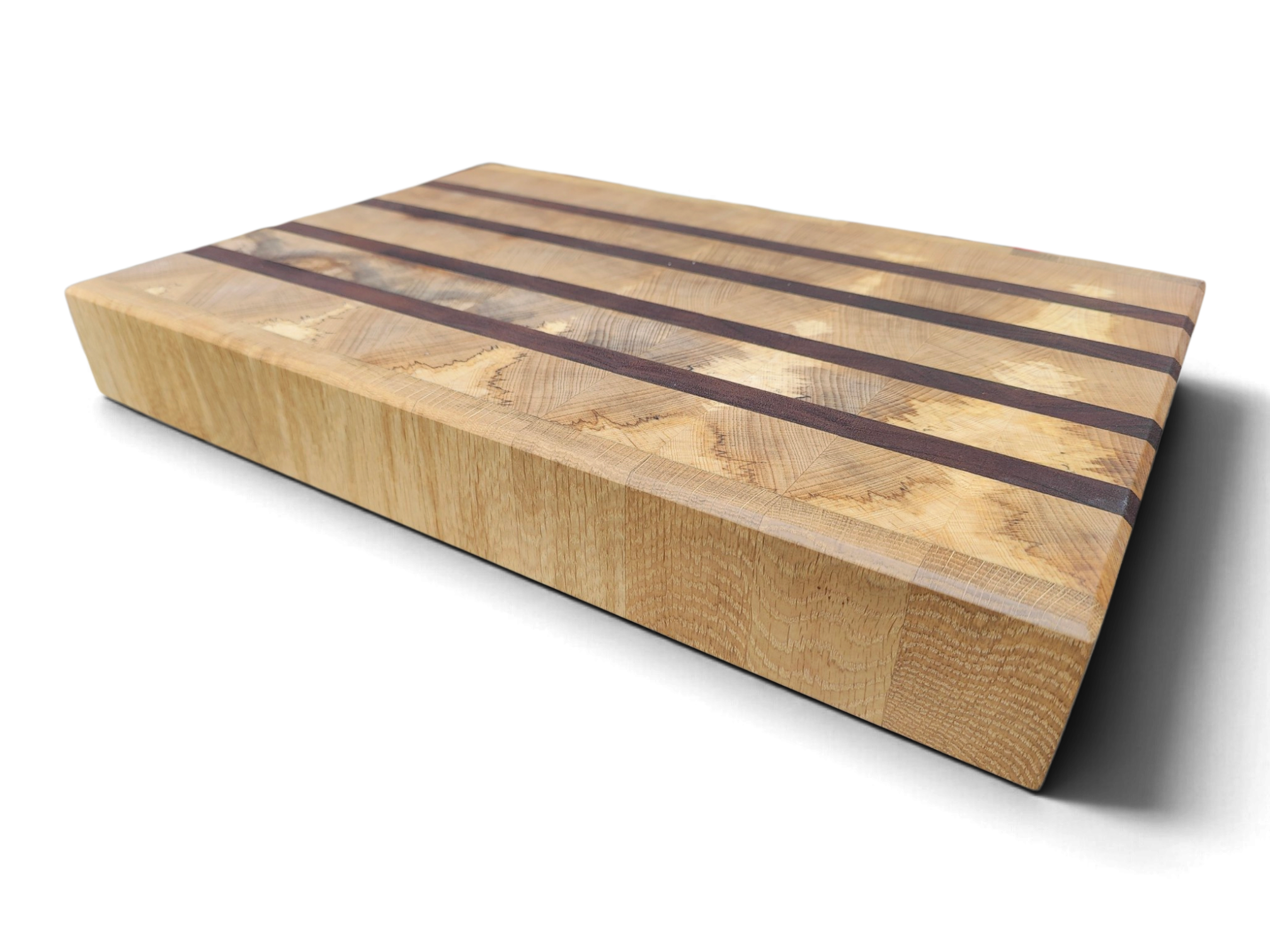 Irish flame beech end grain chopping board with reclaimed mahogany strips