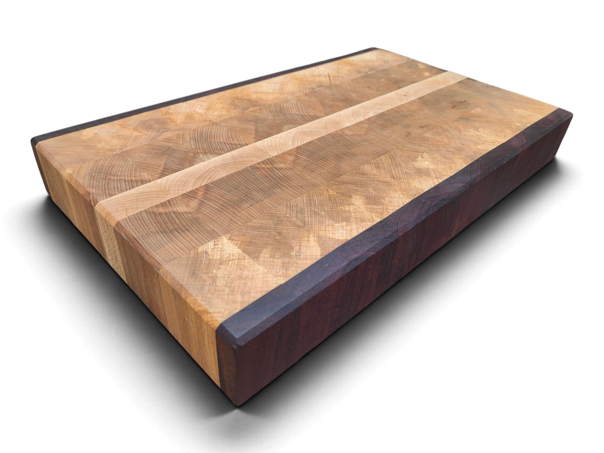 Flame beech and reclaimed mahogany end grain board, angled view