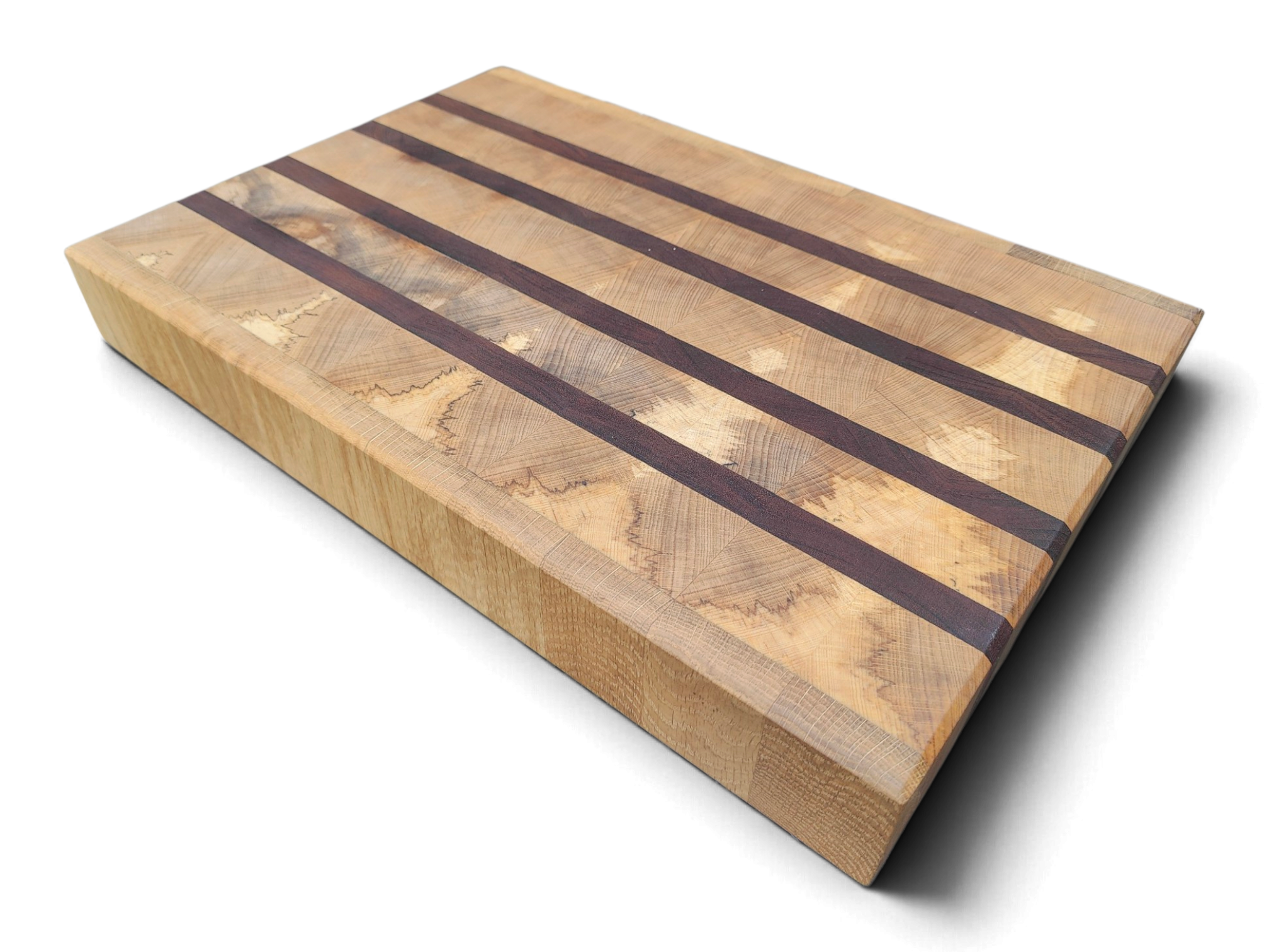 Flame beech and oak end grain board, 490 × 330mm, angled view