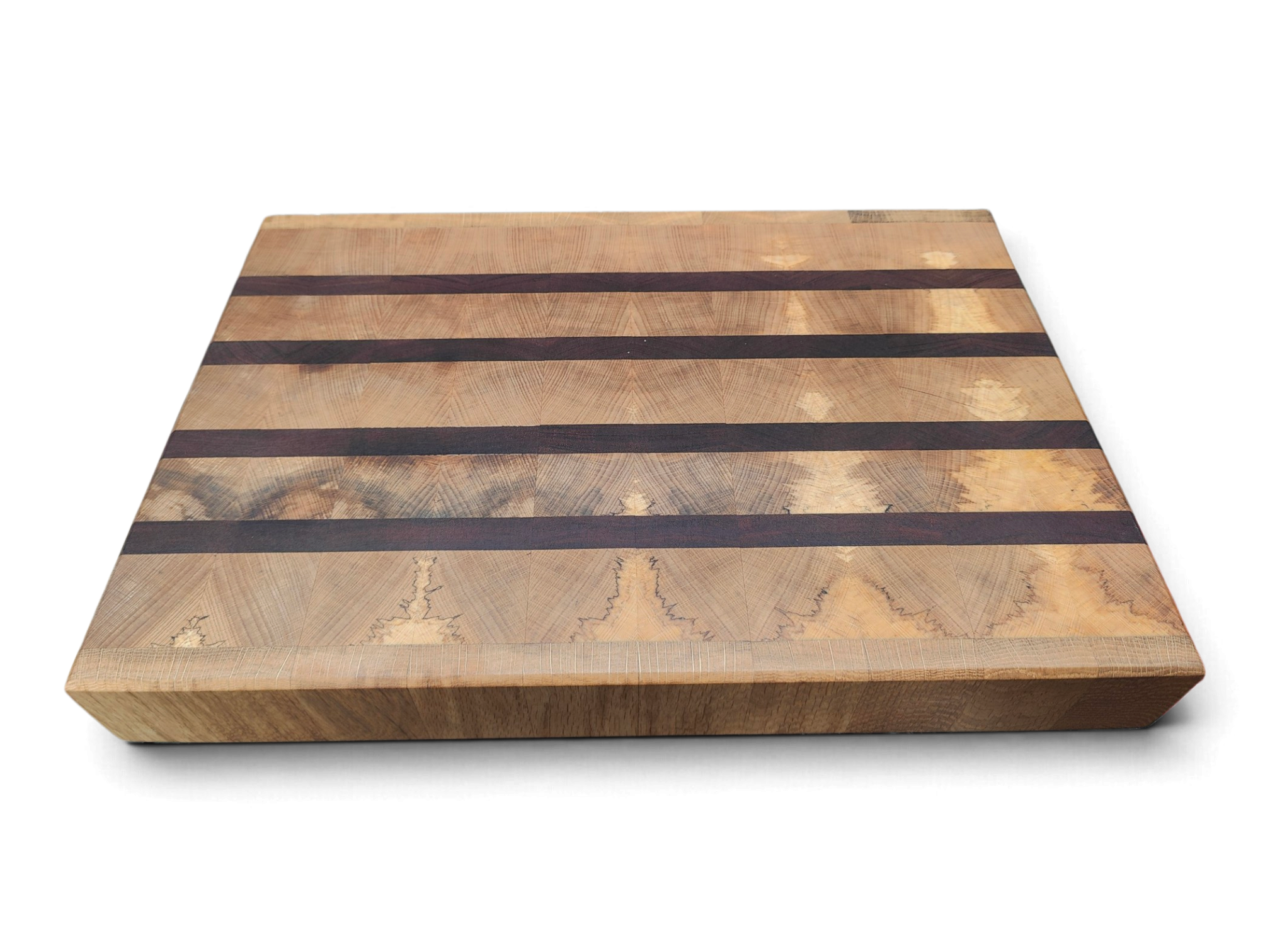 Oak edge strips on a flame beech end grain chopping board