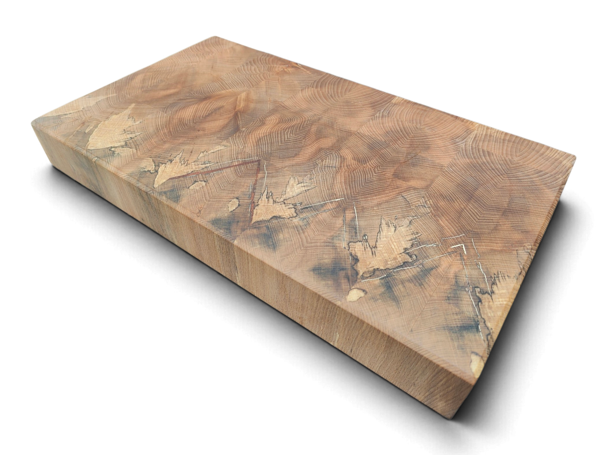 Flame beech end grain board from one piece of timber, angled view