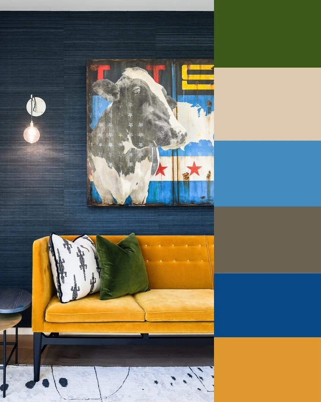 Every room starts with a palette. 🎨 

This one was designed to be intentionally bold and creative &ndash; layering blues, mustard, and olive with softer neutrals for a look that&rsquo;s equal parts artful and balanced.

Which colors speak to you? 

