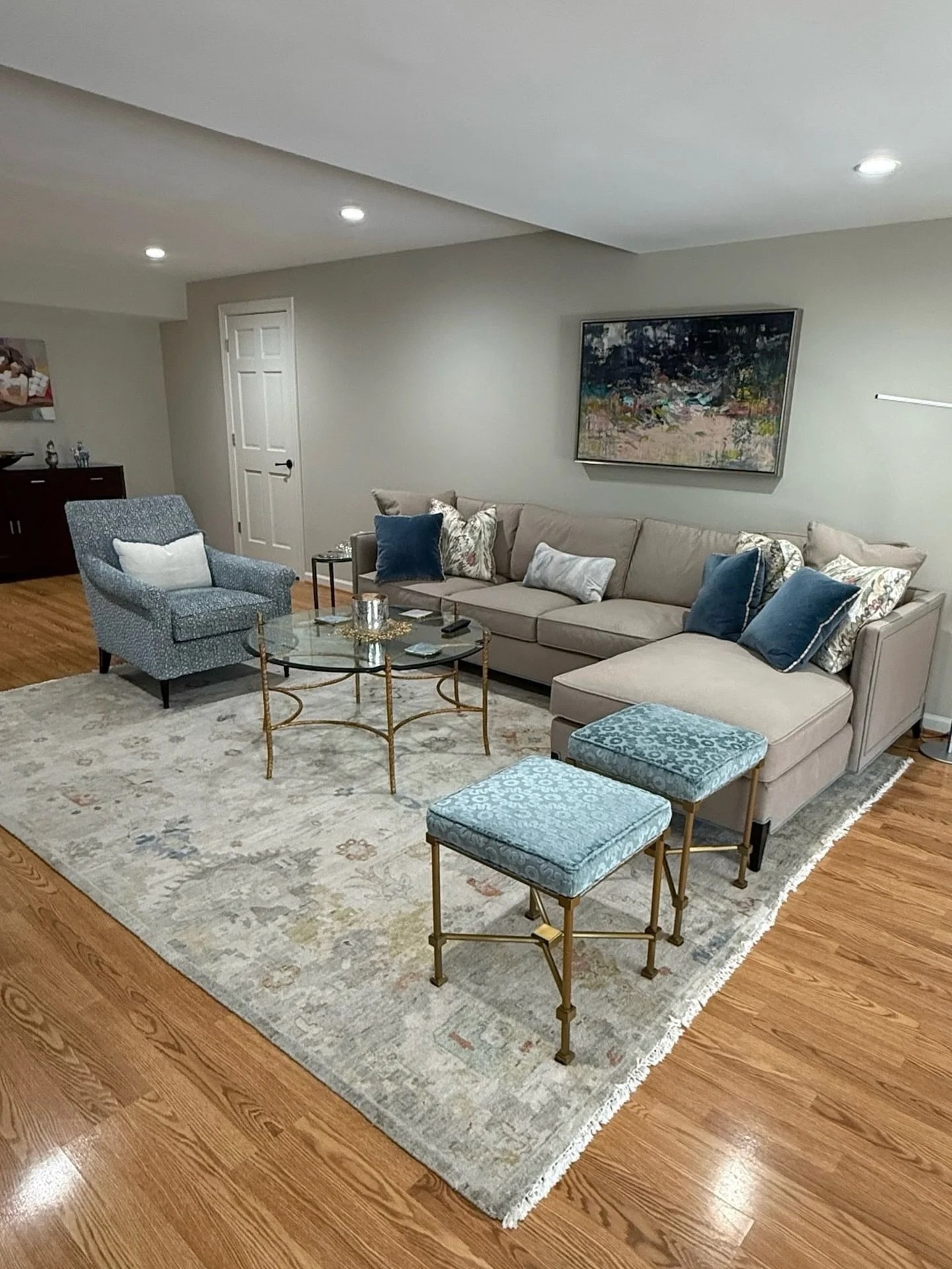 Another room in this Fairfax whole-house redesign comes into focus in the lower level. This basement was approached with the same level of intention as the previously featured primary suite, dining room, and bathroom &mdash; designed to feel finished