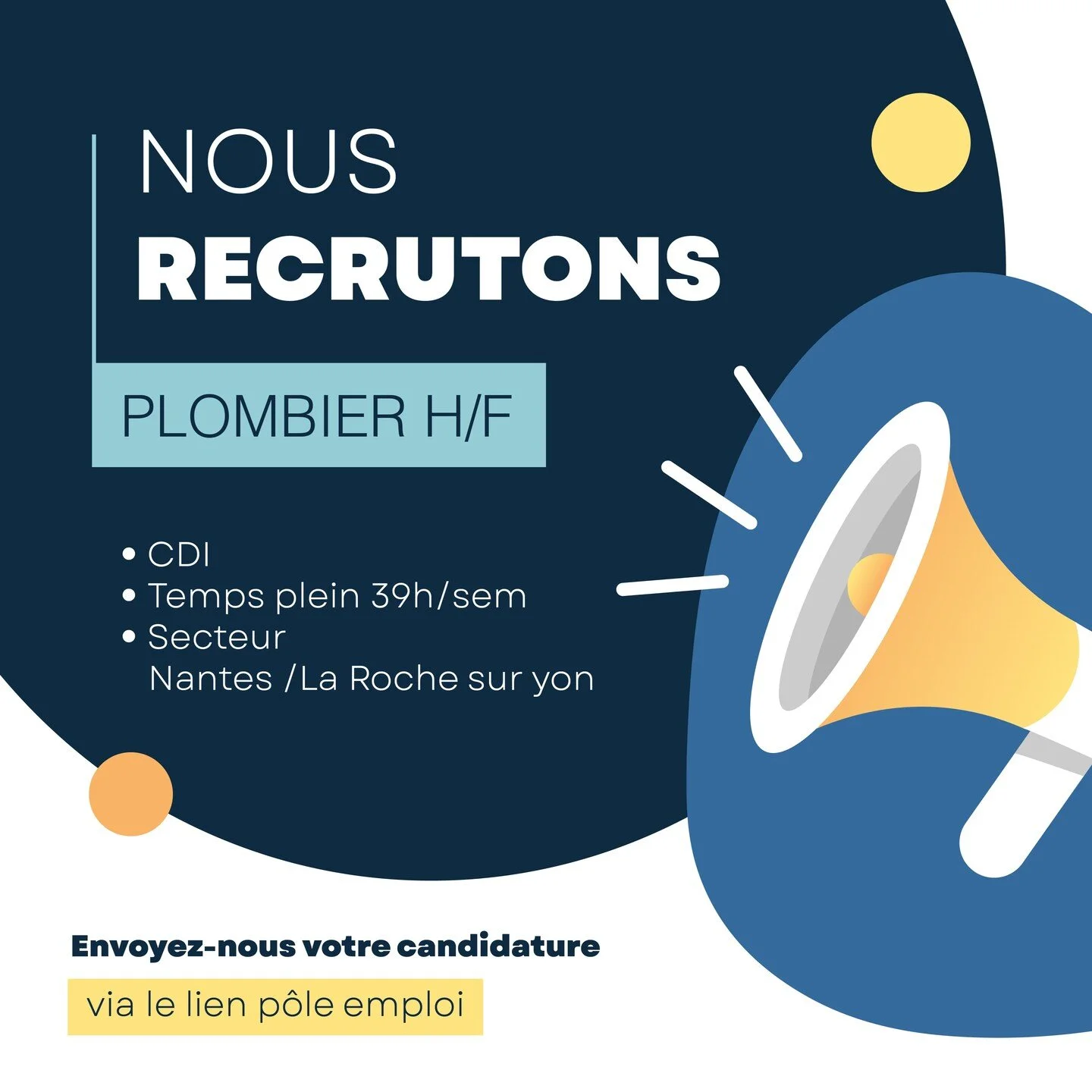 NOUS RECRUTONS 🔥

Un Plombier H/F 
✅CDI Temps plein 39/sem
📍Secteur Nantes / La Roche sur Yon

Pour postuler c'est par ici 👇🏻
https://candidat.pole-emploi.fr/offres/recherche/detail/140QWKK

N'h&eacute;sitez pas &agrave; partager 🙌🏻 🙏🏻

#recr