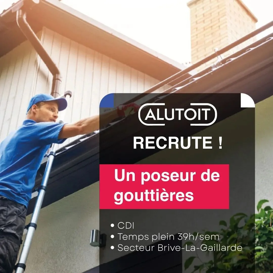 🚨 ALUTOIT Recrute 🚨

➡️ Un poseur de Goutti&egrave;res
✅CDI Temps plein 39h/sem
📍Secteur Brive-la-Gaillarde

Vous souhaitez postuler ? 👇
Envoyer votre candidature &agrave; :
✉️ cindy.chapey@manufatess.com
Ou rendez-vous sur indeed⬇️
https://fr.in