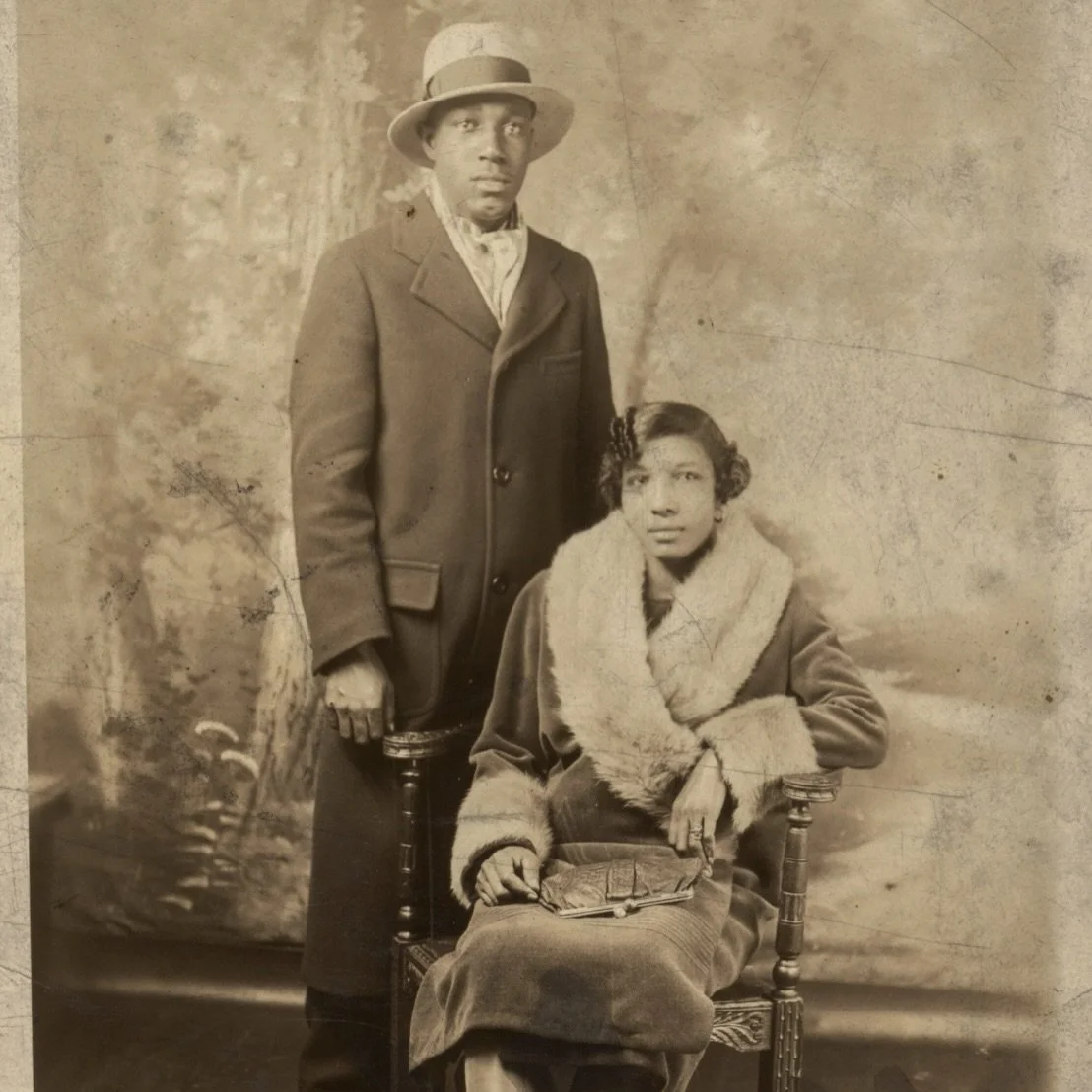 c 1930s-40s, studio portrait of a couple, man standing next to woman seated in chair ✨ 
 
{*speaking of couples&hellip; I cancelled a first-date last night bc it was my first day back in the office and boy was I computer-fried LOL 🧠 or maybe I just 