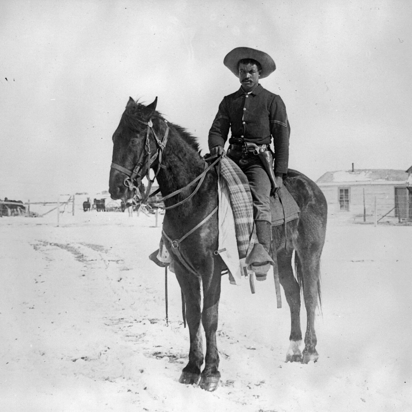March 1891, A Corporal of the 9th Cavalry Buffalo Soldiers Regiment poses on his horse in the snow. Lakota Sioux Pine Ridge Agency, South Dakota. 
 
{*he popped up in my research a few months ago, and I&rsquo;m almost done curating a project with him