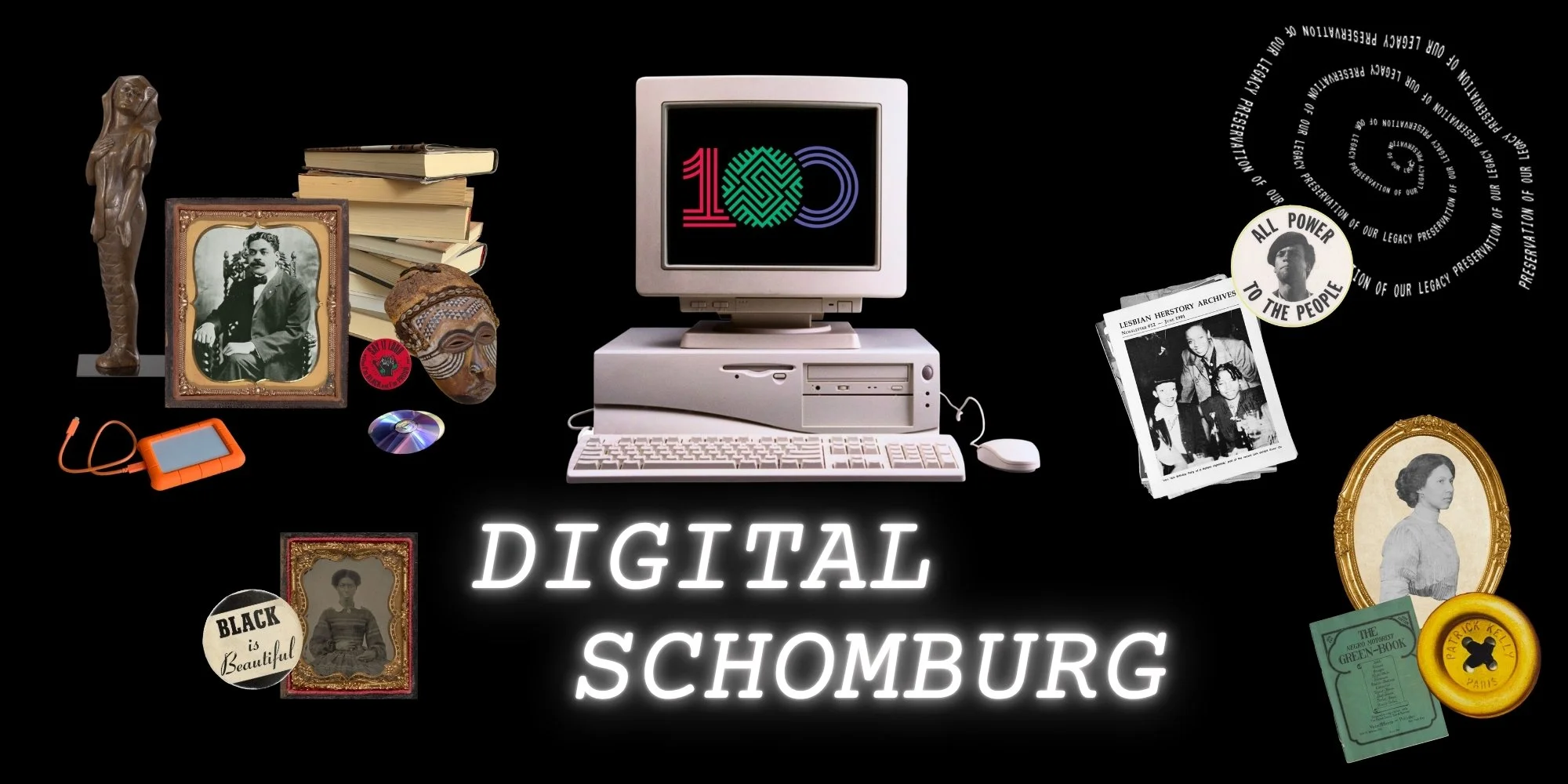 Collage of images representing art, artifacts, and archivesrelated to www.DigitalSchomburg.org