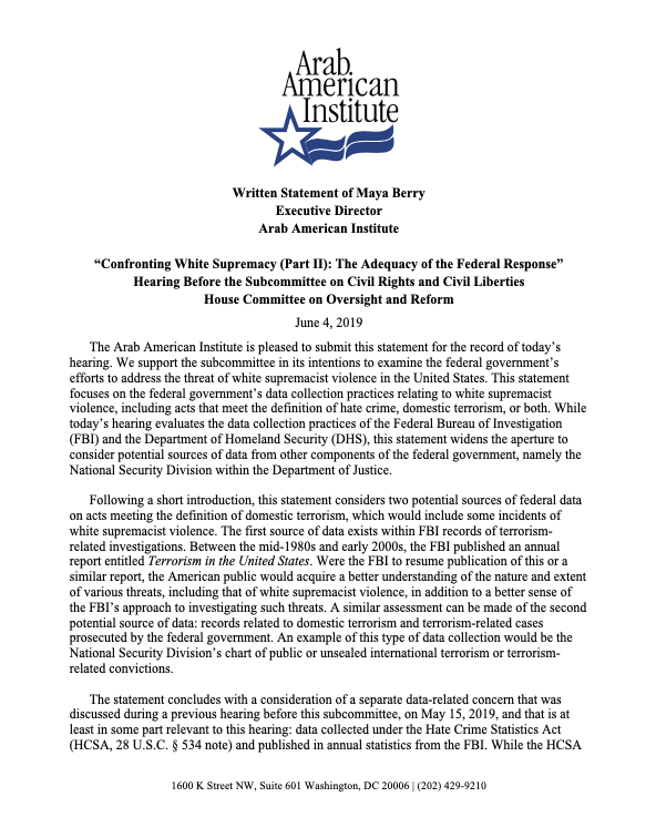 AAI Statement for the Record: “Countering Domestic Terrorism: Examining the Evolving Threat” 