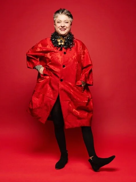 Collector Ann Birks, named among Canada’s Best Dressed, wearing the Spoonflower Brooch on a Kathleen Novak Tucci collar from a collaboration called High/Low