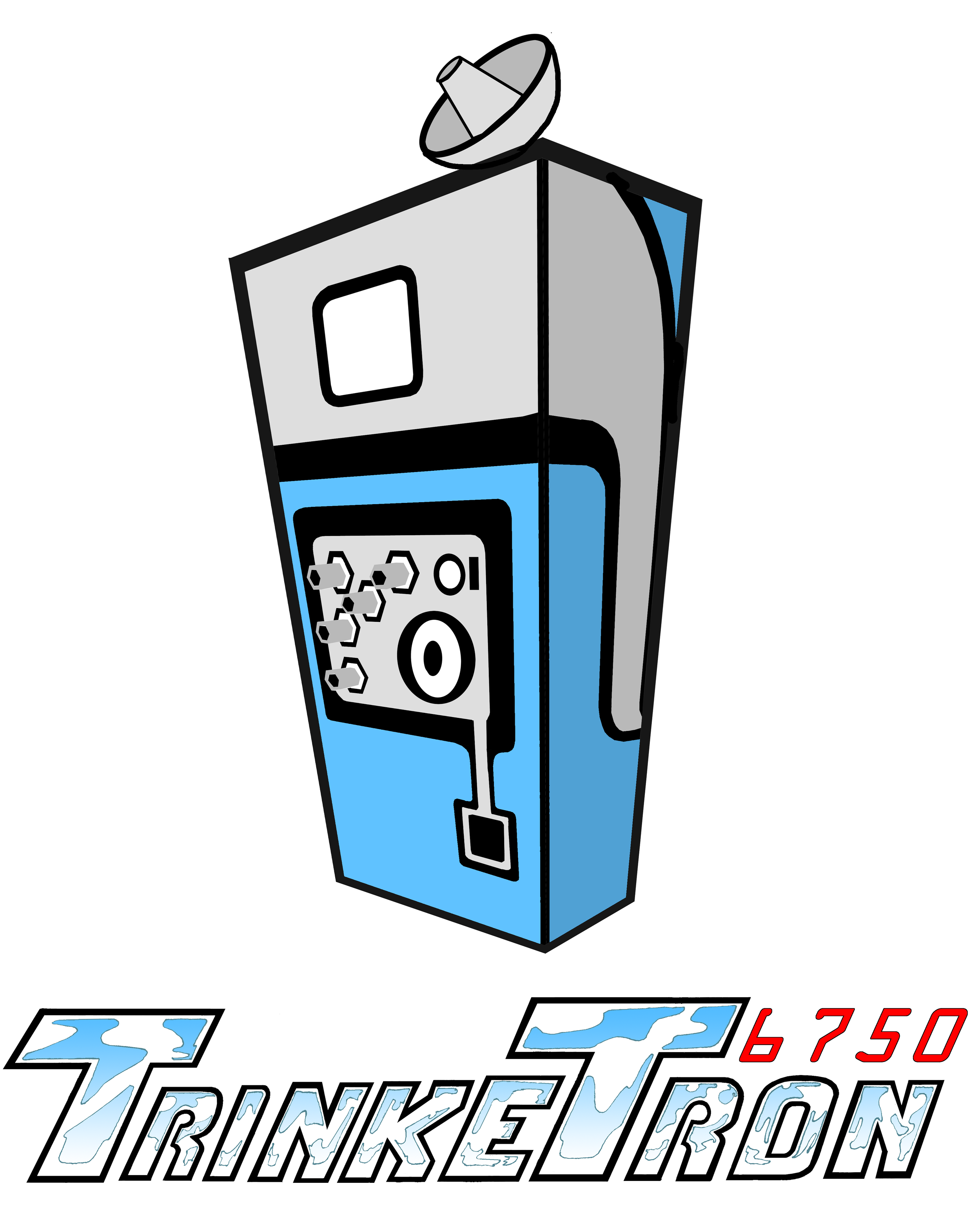 Illustration of a soda vending machine with a satellite dish on top and the text "Trinkertron 6750" with ice pattern.