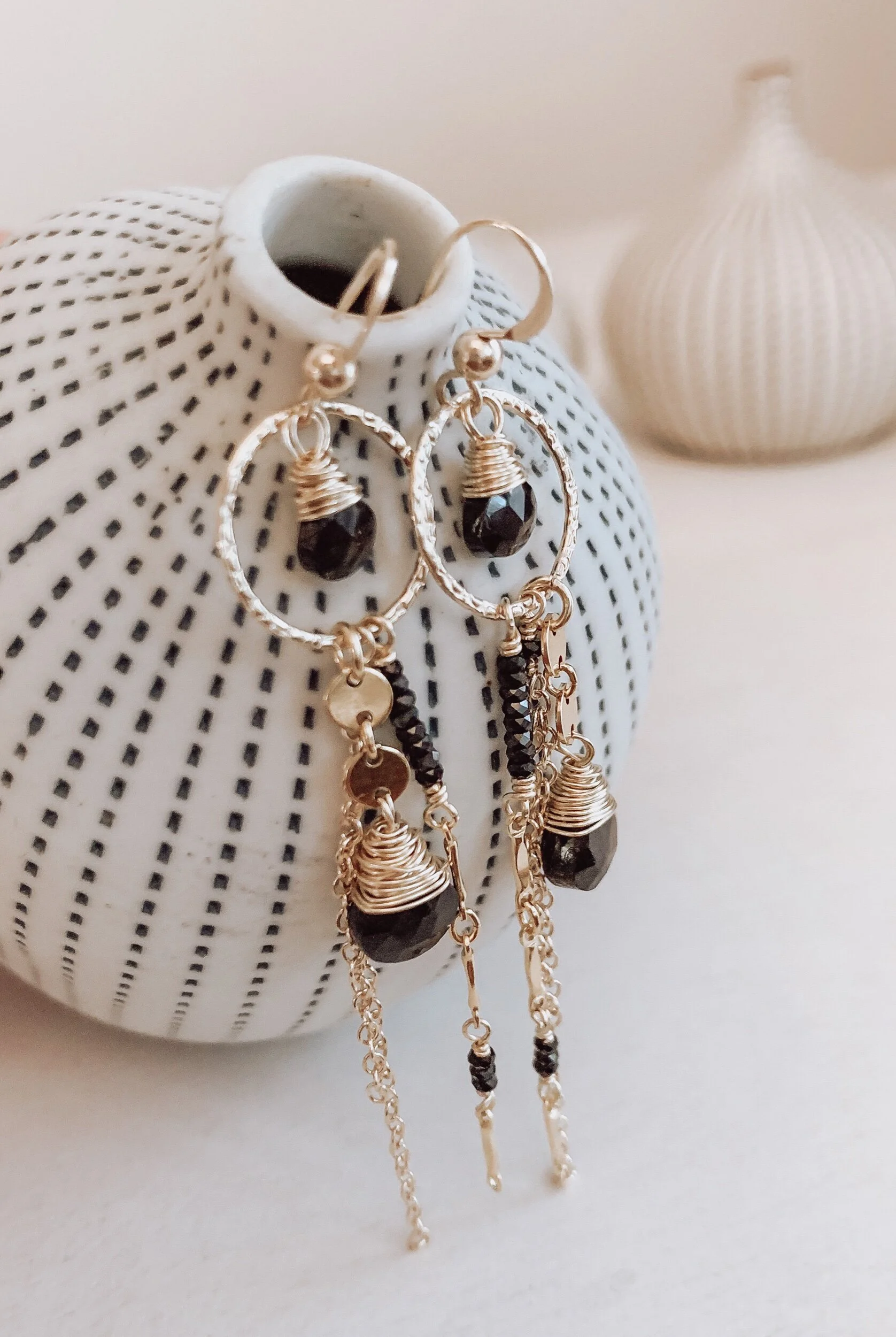 black and gold gemstone boho earrings