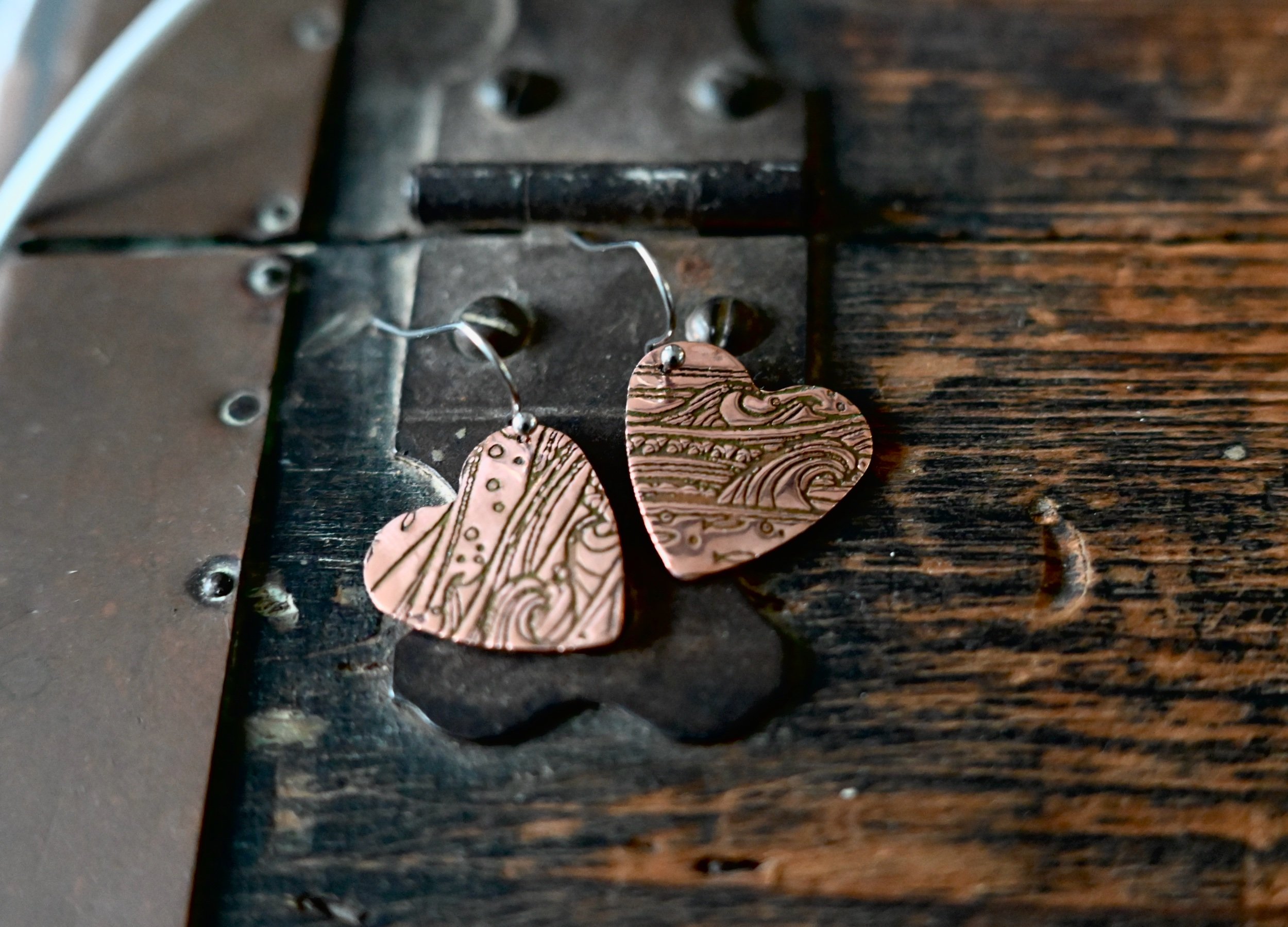 handmade copper heart earrings