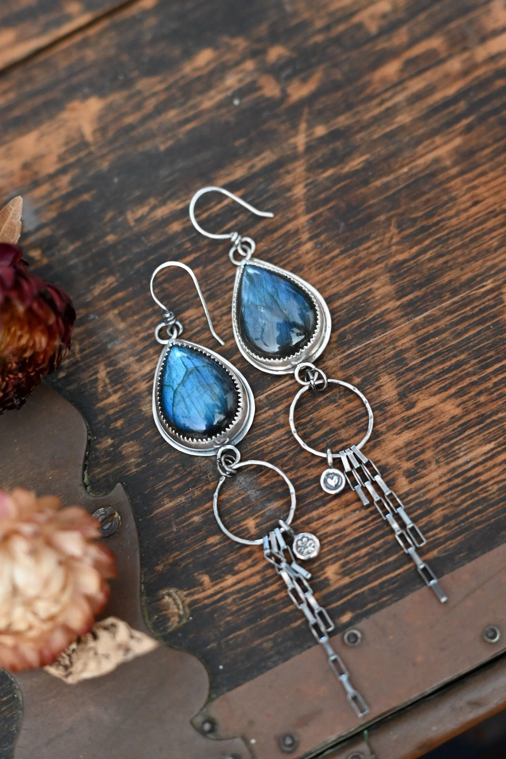 bezel set flashy labradorite earrings