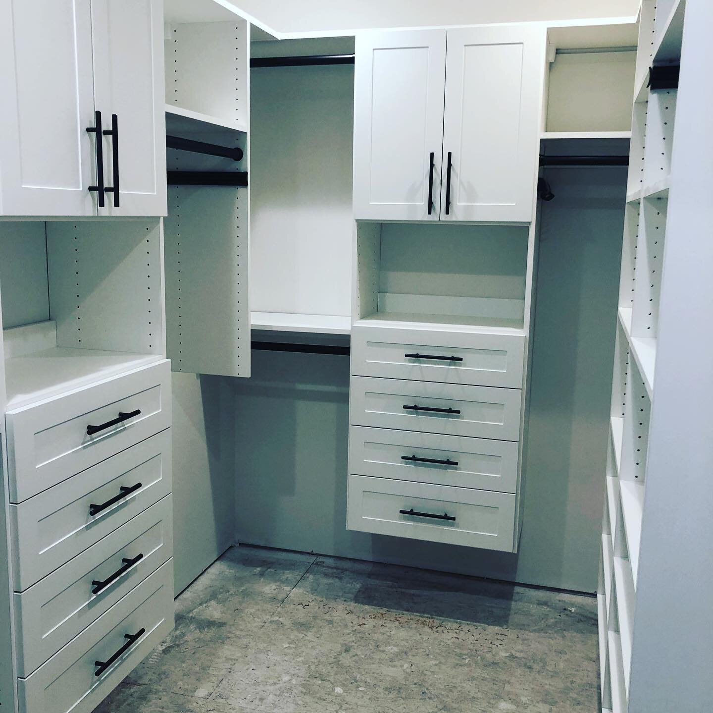 #newcloset Day! Custom cabinets for this well appointed closet!  Someone needs to go shopping to fill up all the emptiness in this closet at the Burke Mountain House project! Stay tuned for more updates as we wrap up the final parts to and meet a dea