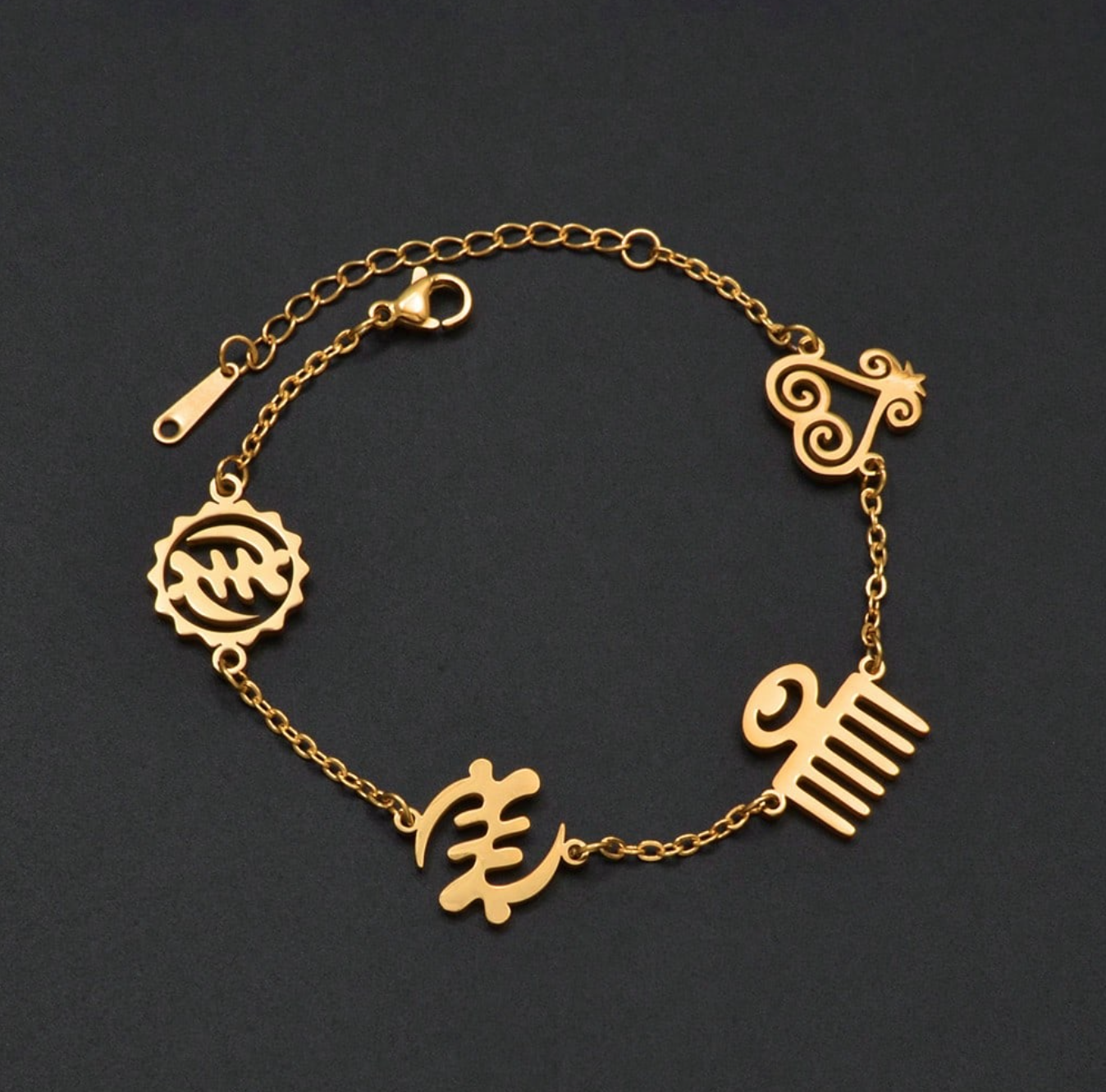 Women’s Mixed Adinkra symbol Gold Bracelet 1.5 - Style Me African.png