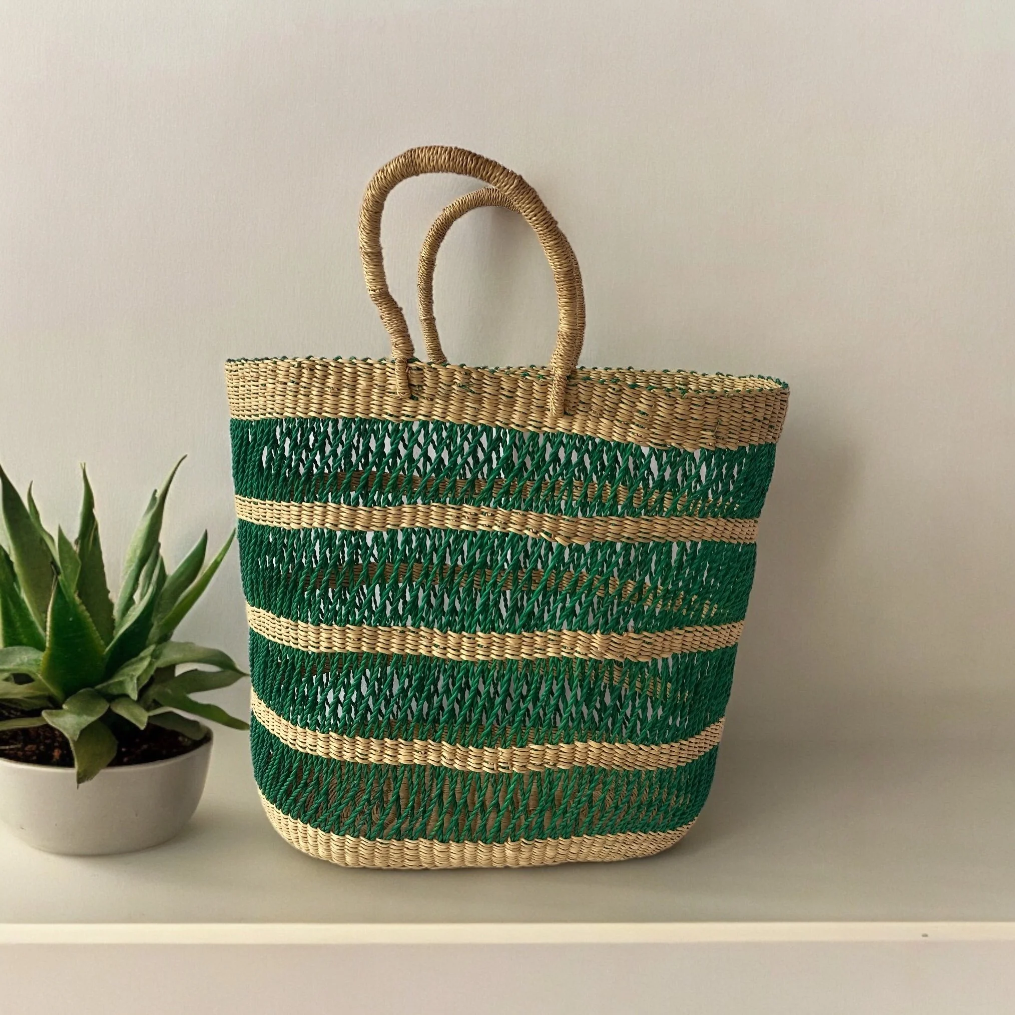Large green and beige African Straw Basket Bag