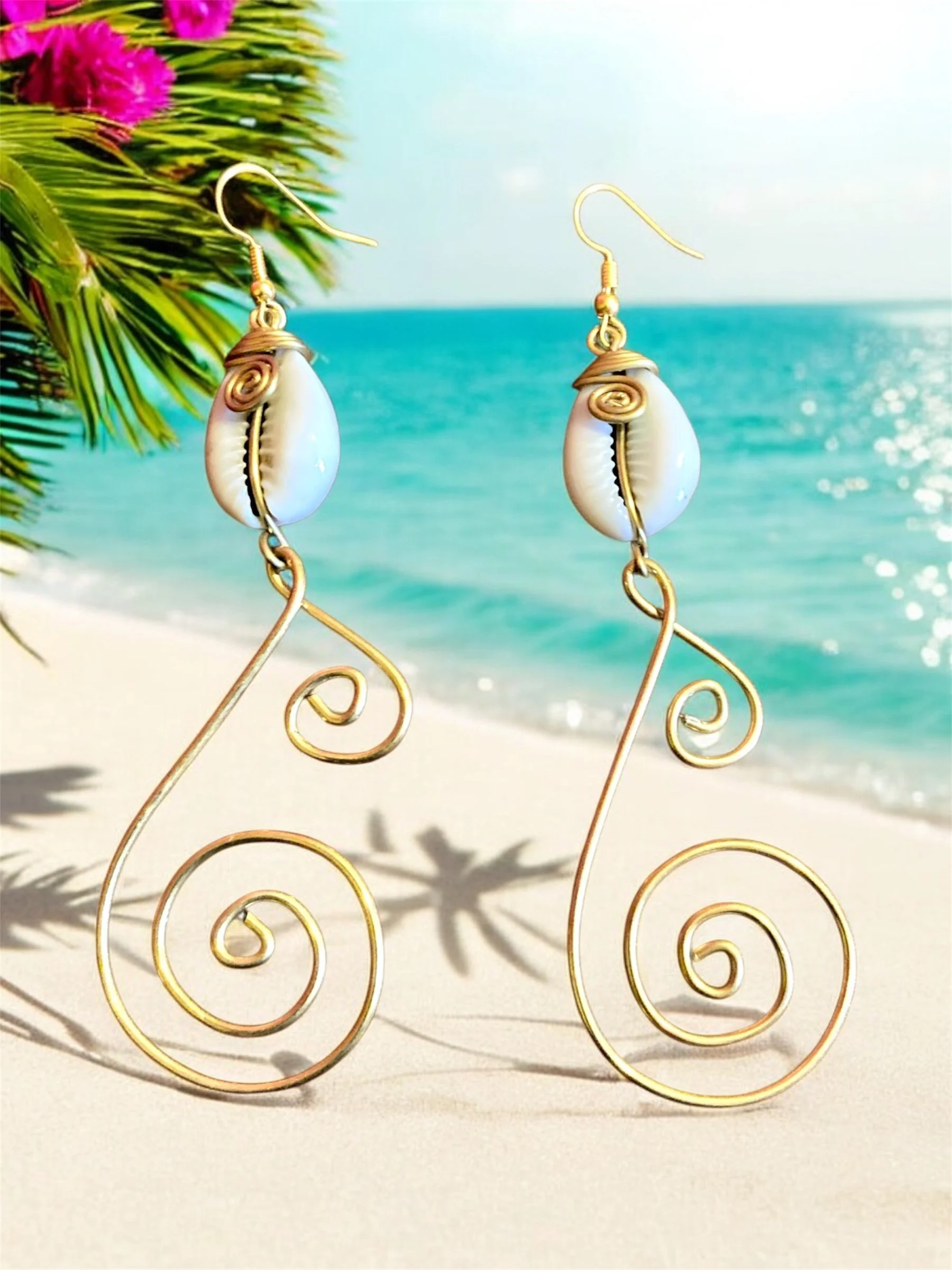 Swirl cowrie pendant earrings 1.6 - Style Me African