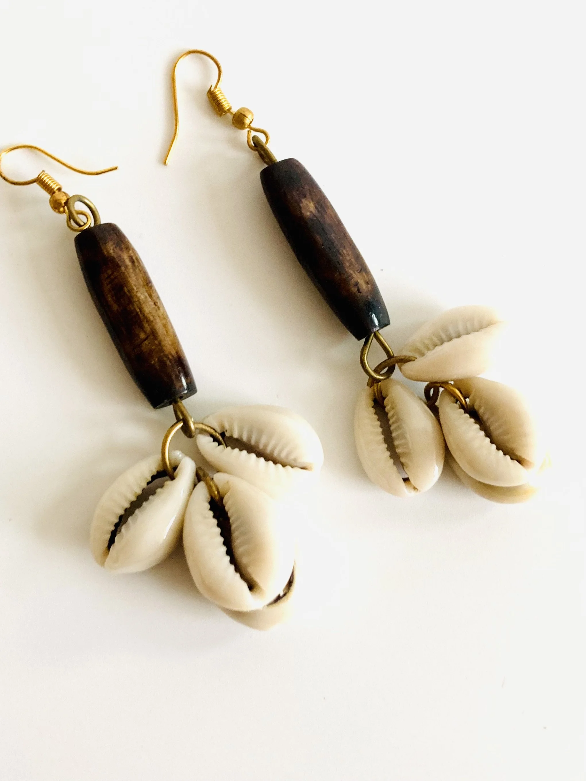 3-strand Cowrie wooden earrings