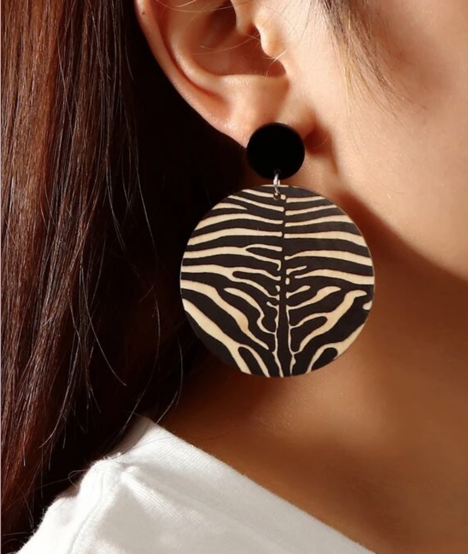 Round wooden zebra earrings