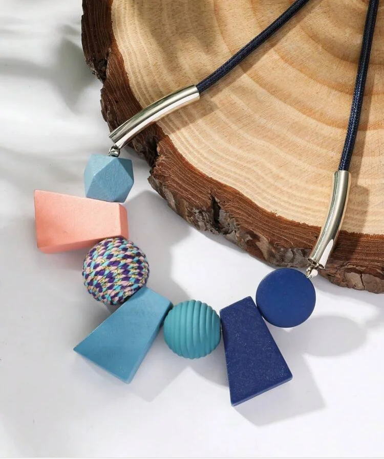 African inspired Blue multi-shaped wooden necklace 1.2 - Style Me African