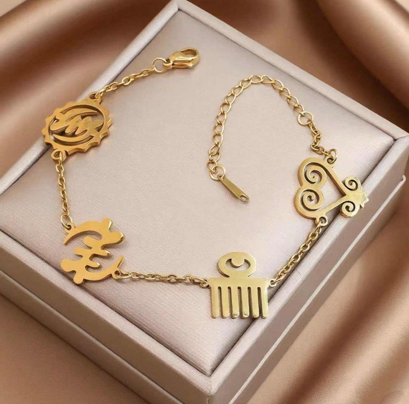 Women’s Mixed Adinkra symbol Gold Bracelet 1.2 - Style Me African.png