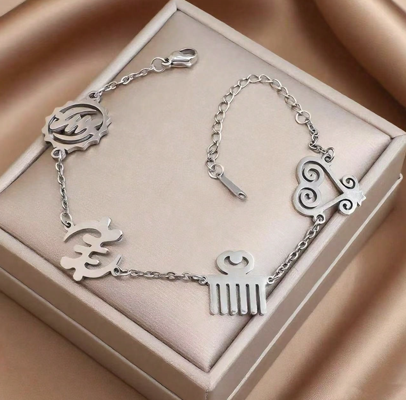 Women’s mixed Adinkra symbol silver bracelet 1.1 - Style Me African.png