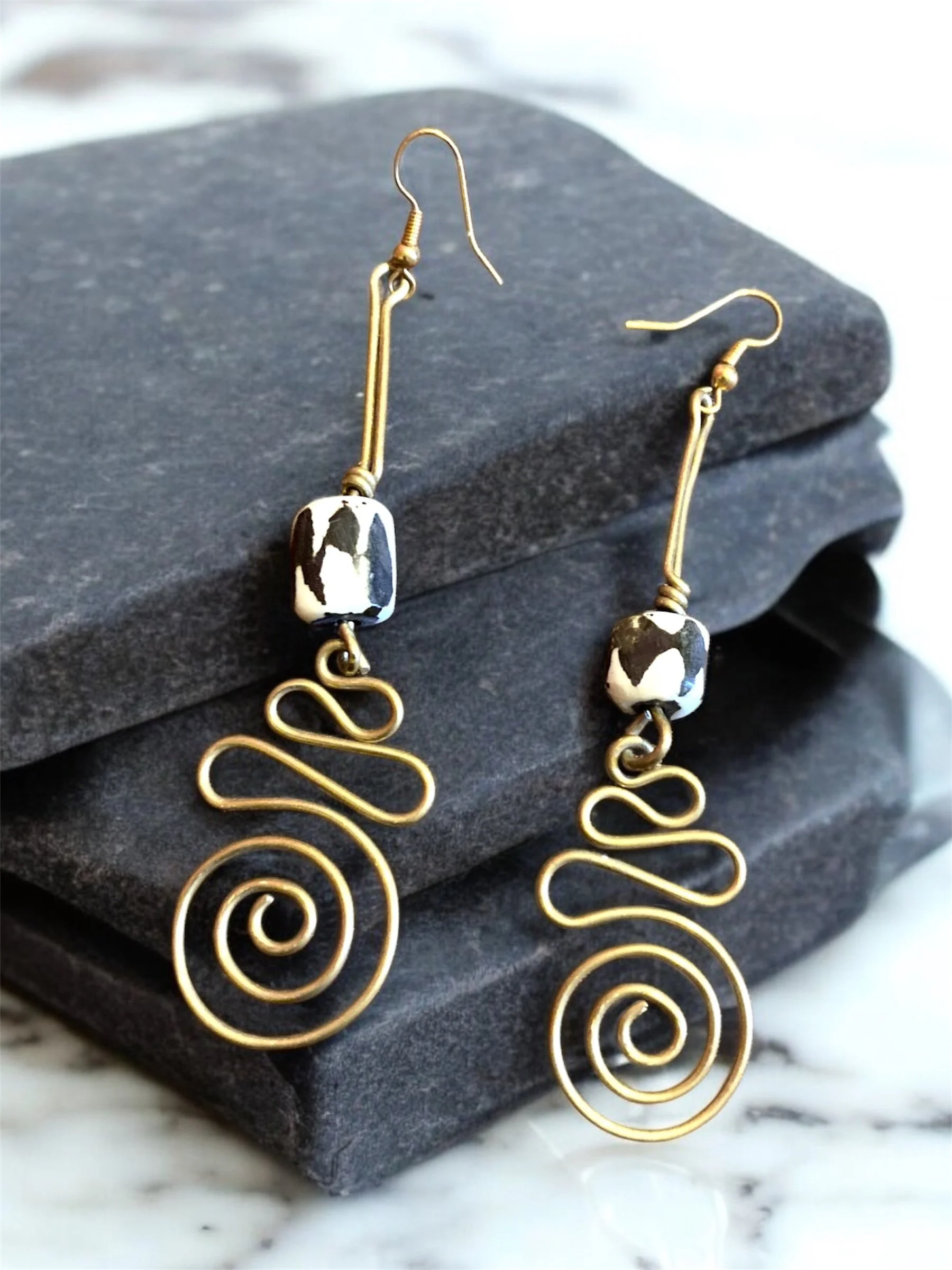 Black and white bead brass African earrings 1.3 - Style Me African