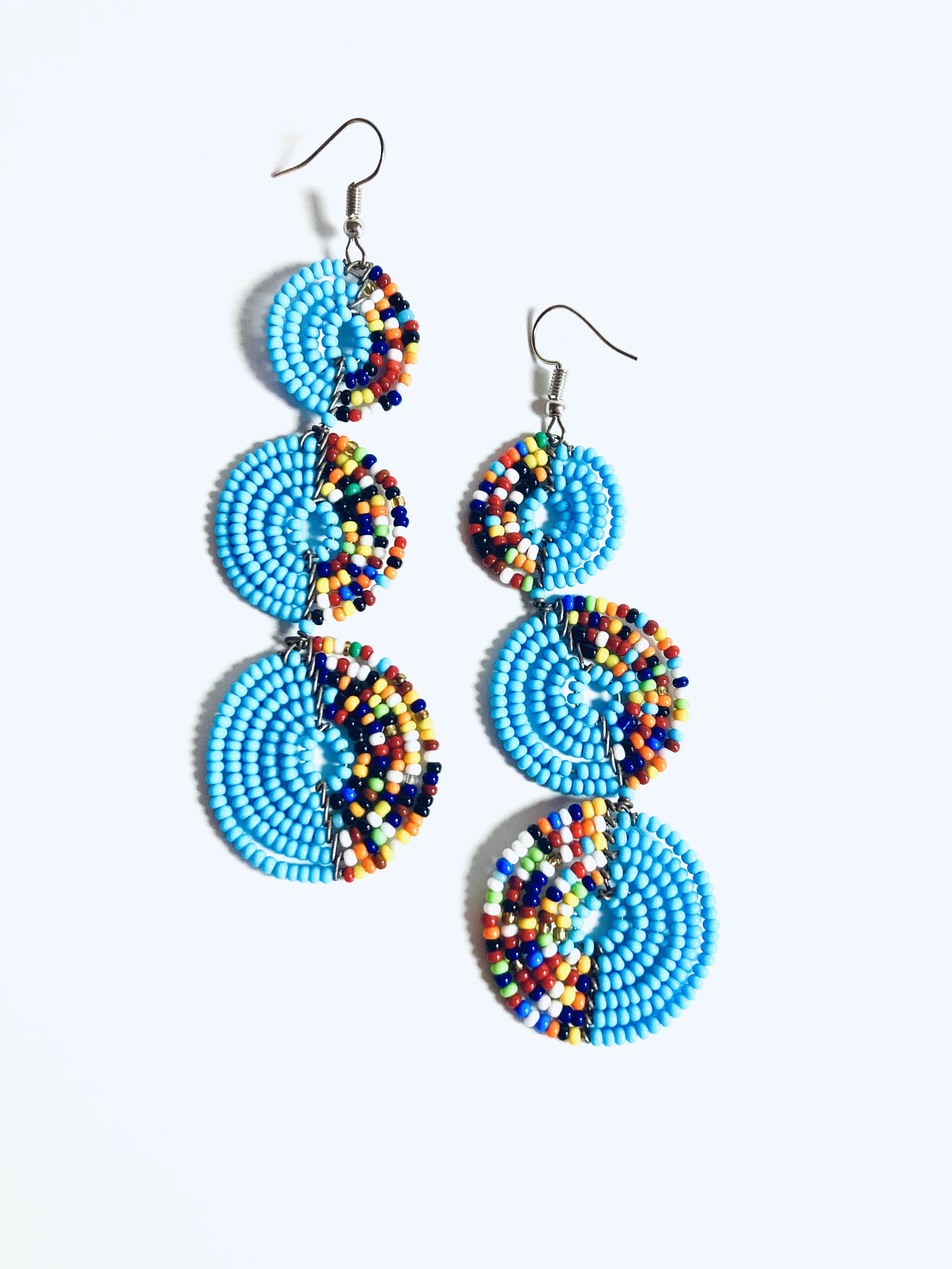 3 disc beaded blue earrings