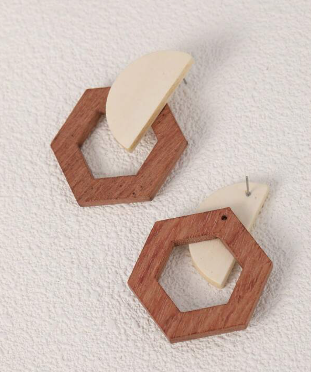 Wooden hexagon stud earrings
