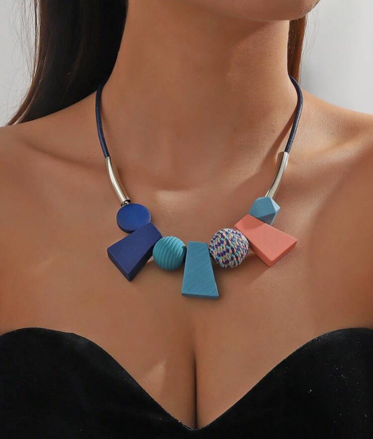African inspired Blue multi-shaped wooden necklace