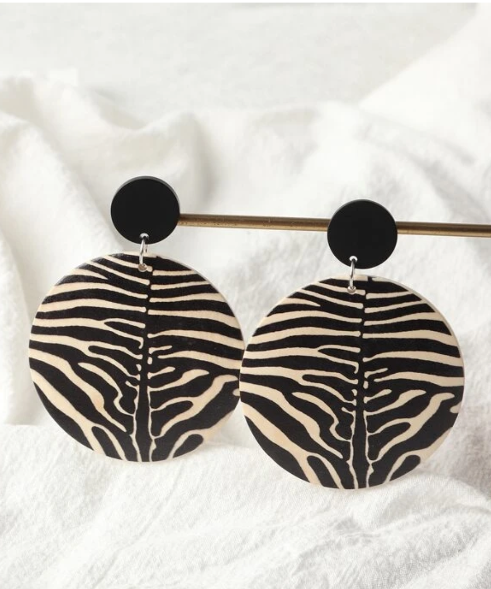 Round wooden zebra earrings 1.2 - Style Me African